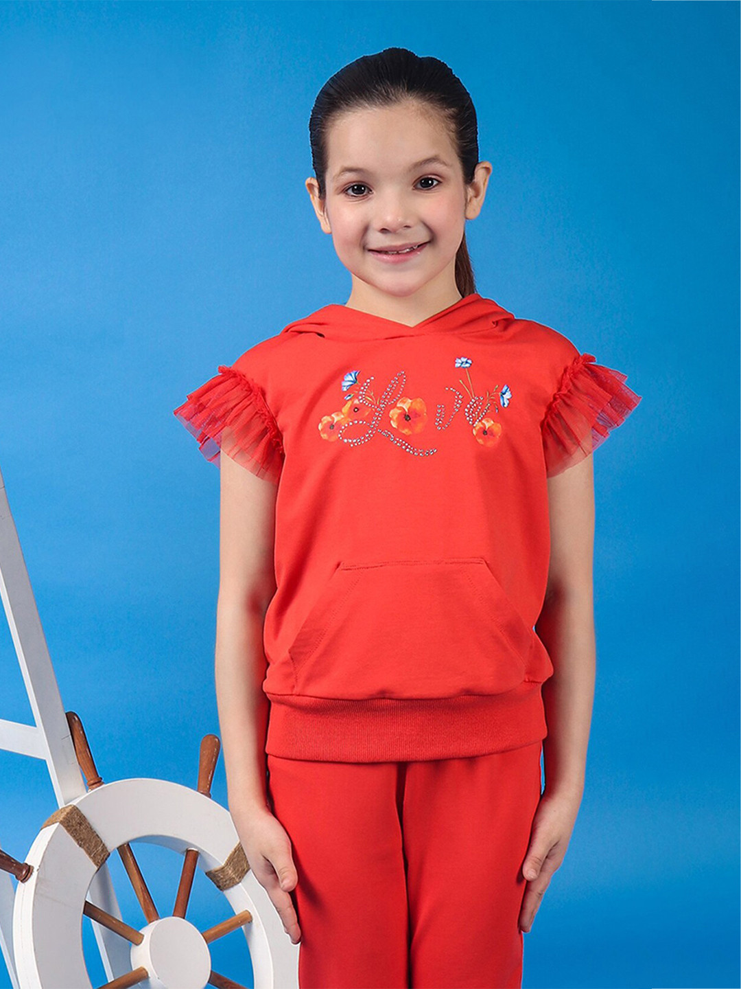 One Friday Girls Cotton Hooded Neckline Top With Placement Print