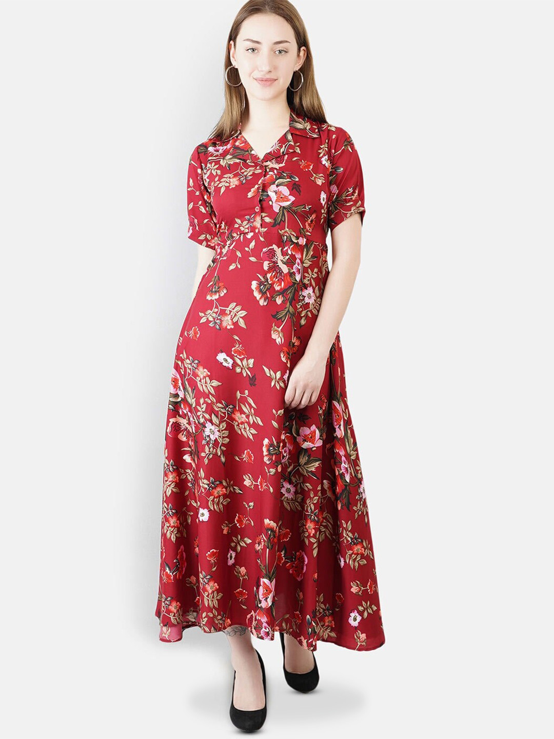 Indietoga Floral Printed Crepe Fit & Flare Long Maxi Dress