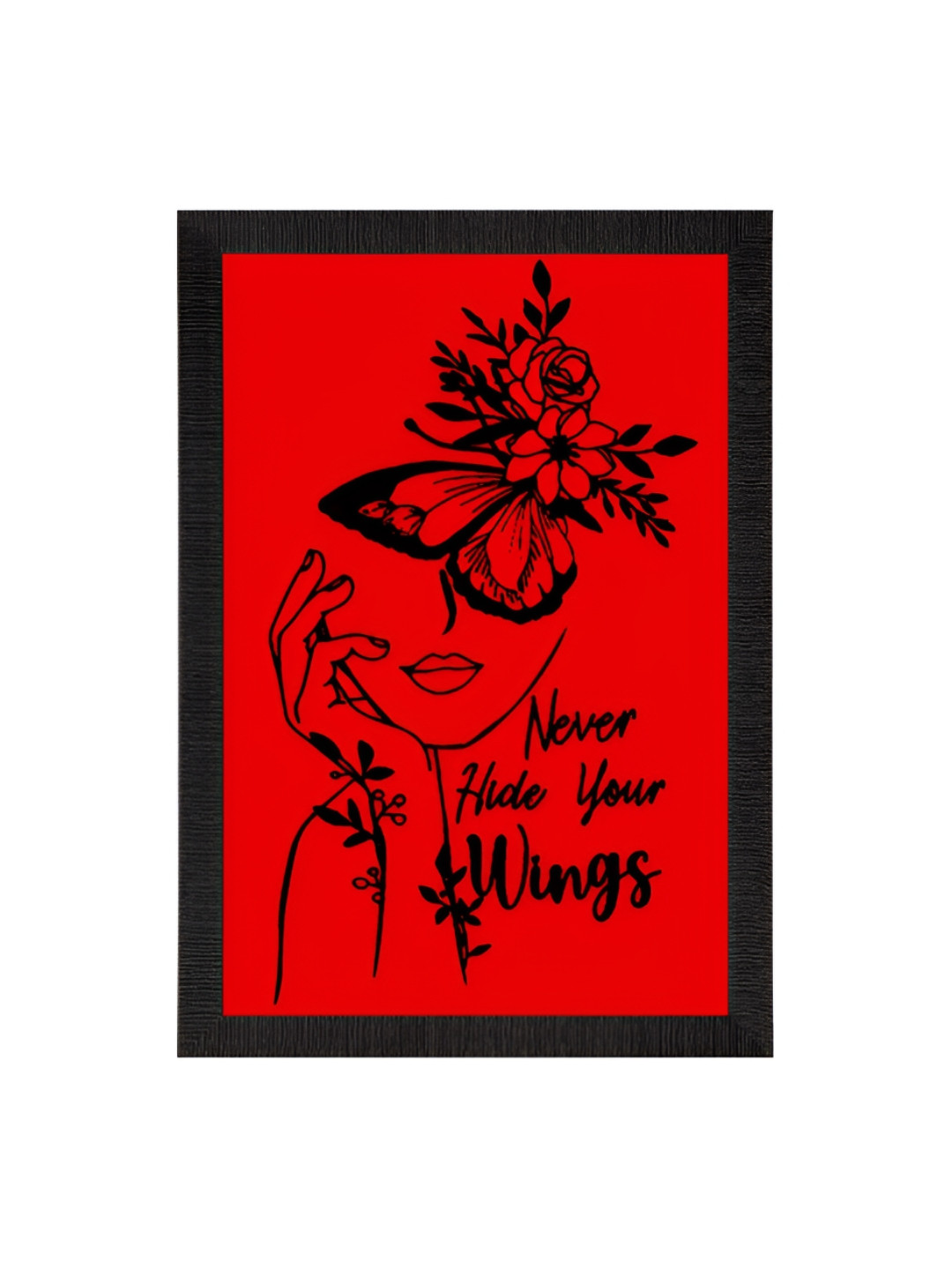 eCraftIndia Black & Red Quote Floral Butterfly Woman Wall Painting