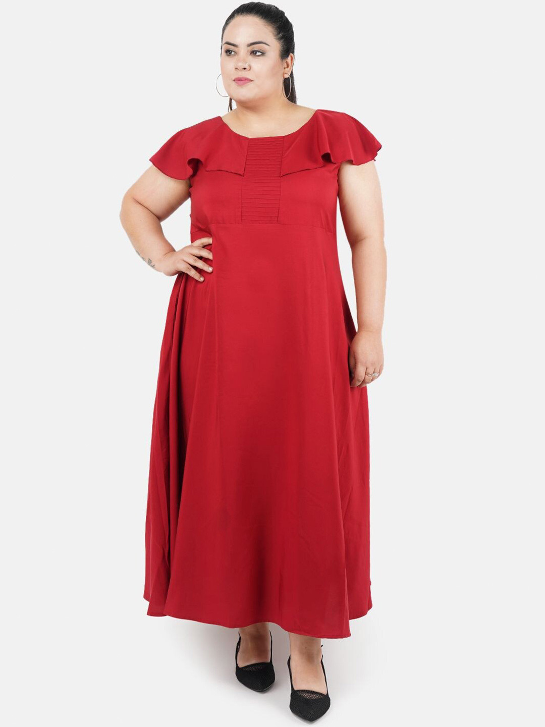 Indietoga Plus Size Solid Cape Pintuck Fit & Flare Long Maxi Dress