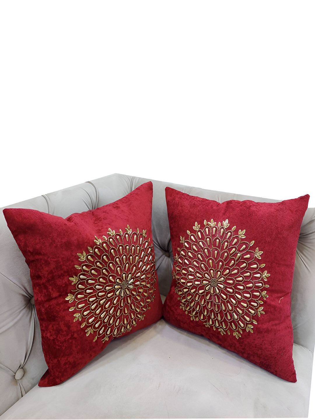 Good Vibes Red & Beige 2 Pieces Embellished Velvet Square Cushion Covers