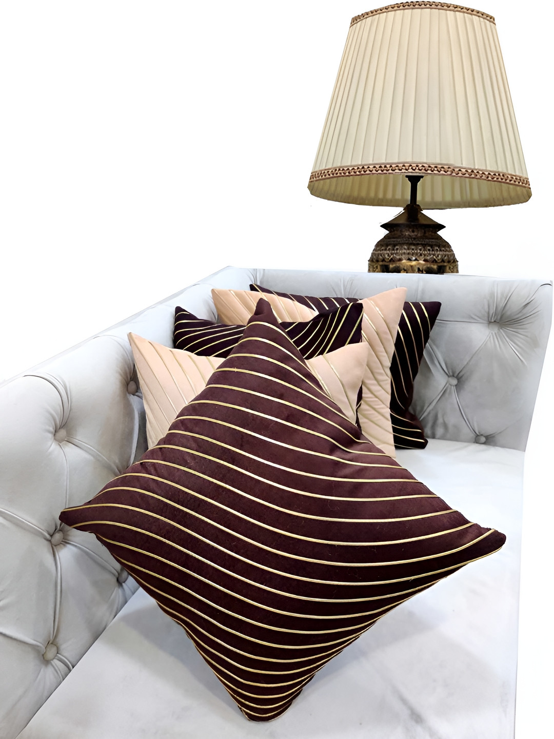 Good Vibes Gold Striped Polyester Quick-Dry 5 Piece Square Cushion Covers - 16 x 16 Inches