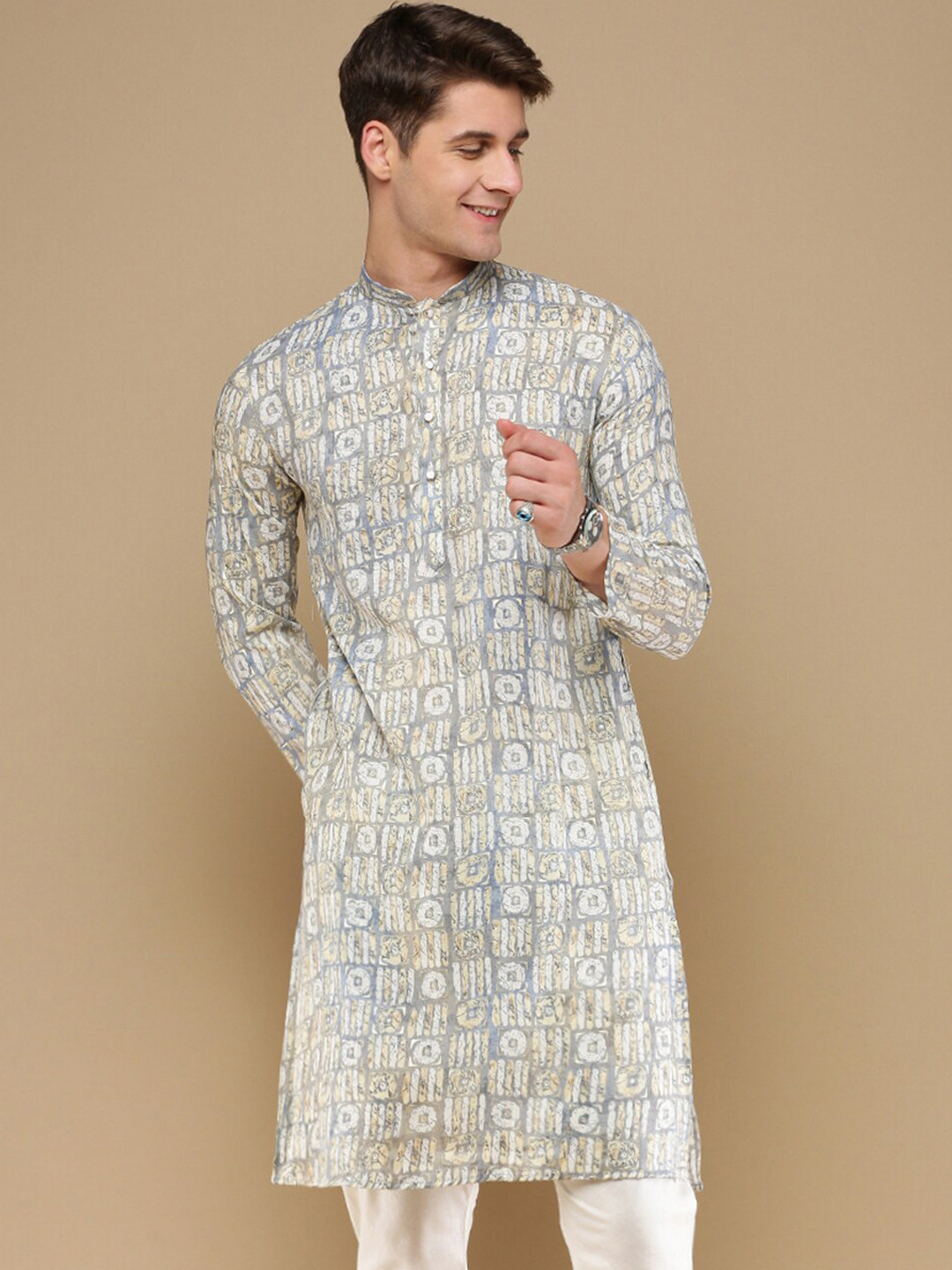 Here&Now X Sanwara  Men Yoke Design Keyhole Neck Flared Sleeves Thread Work Summer Sheers Kurta