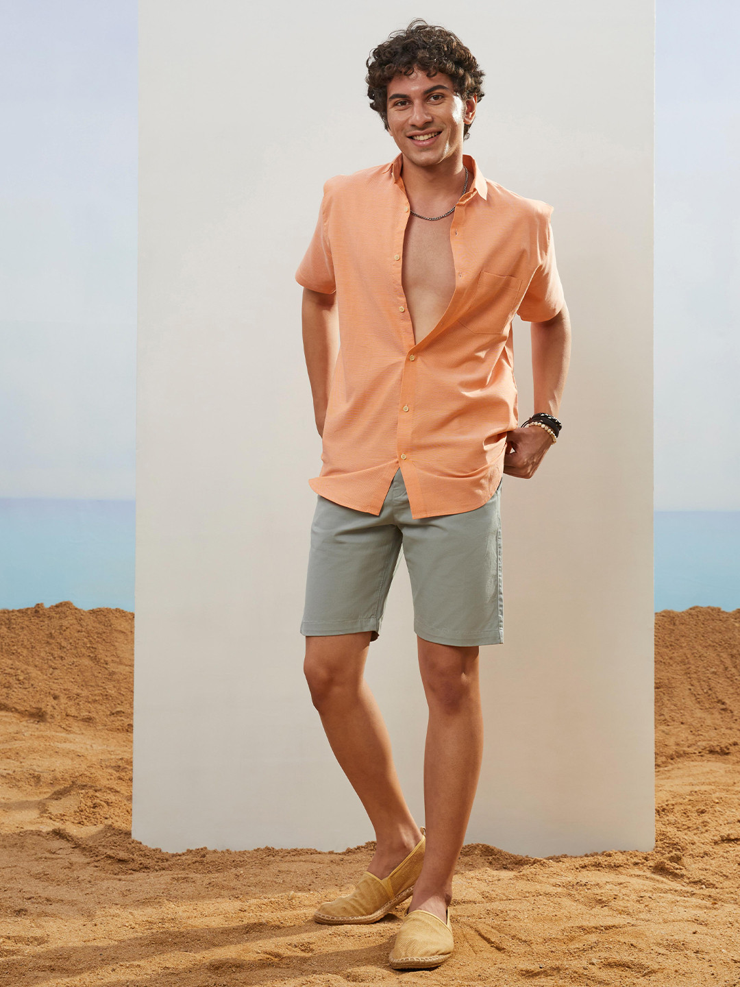 CMGE Relaxed Spread Collar Short Sleeves Cotton Casual Shirt