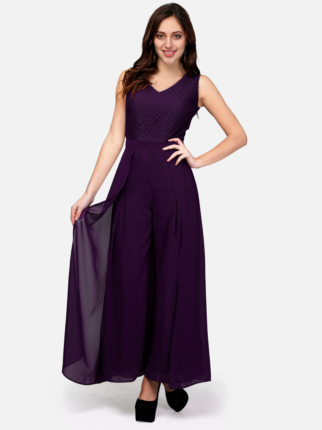 V&M V-Neck Lace Layered Basic Jumpsuit