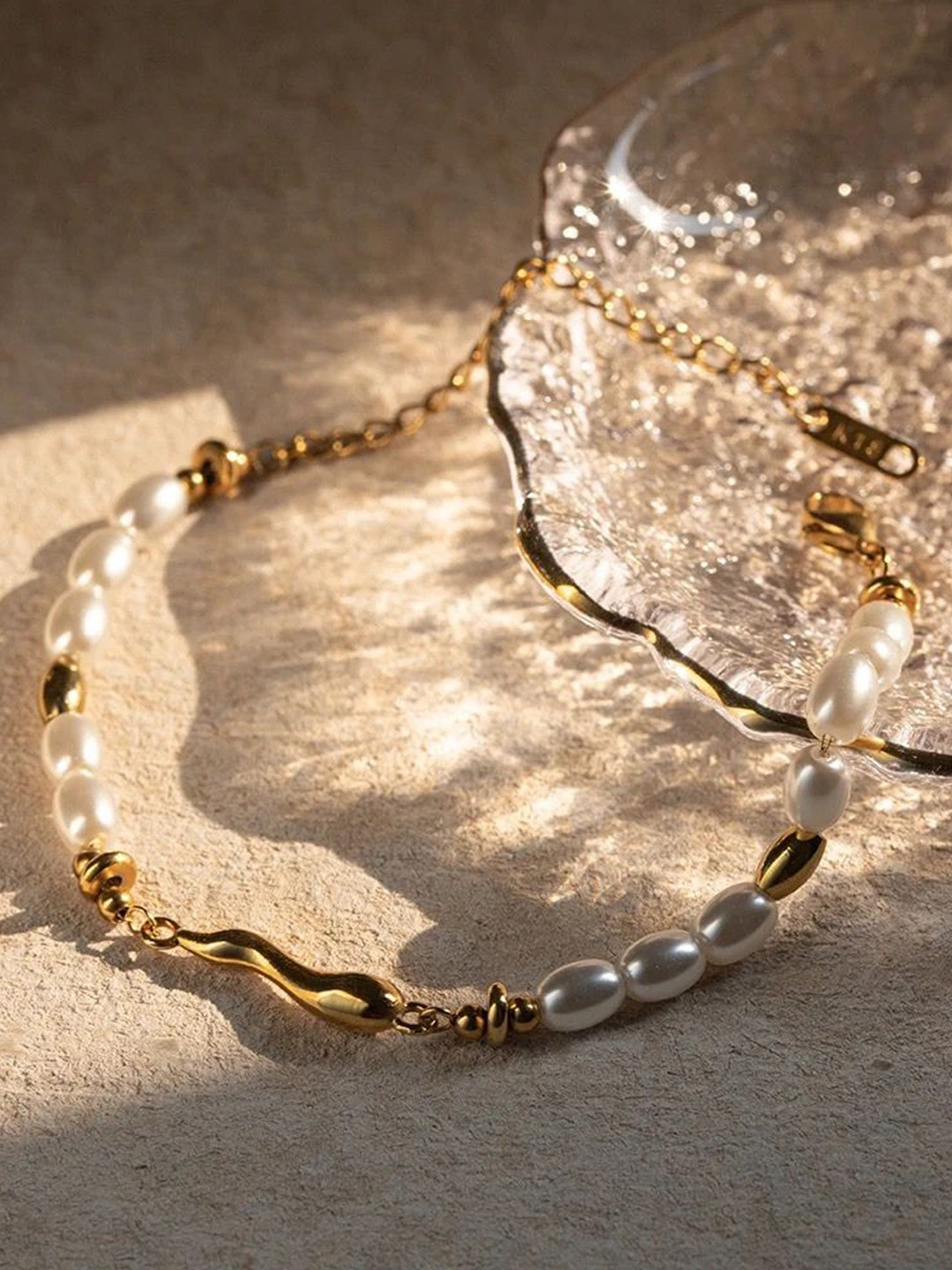 Inaya Gold-Plated Stainless Steel Western Style Pearls Link  Bracelet