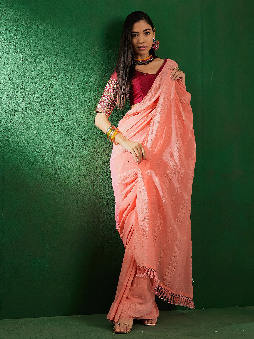 Sangria Embroidered Tasselled Vichitra Silk Saree