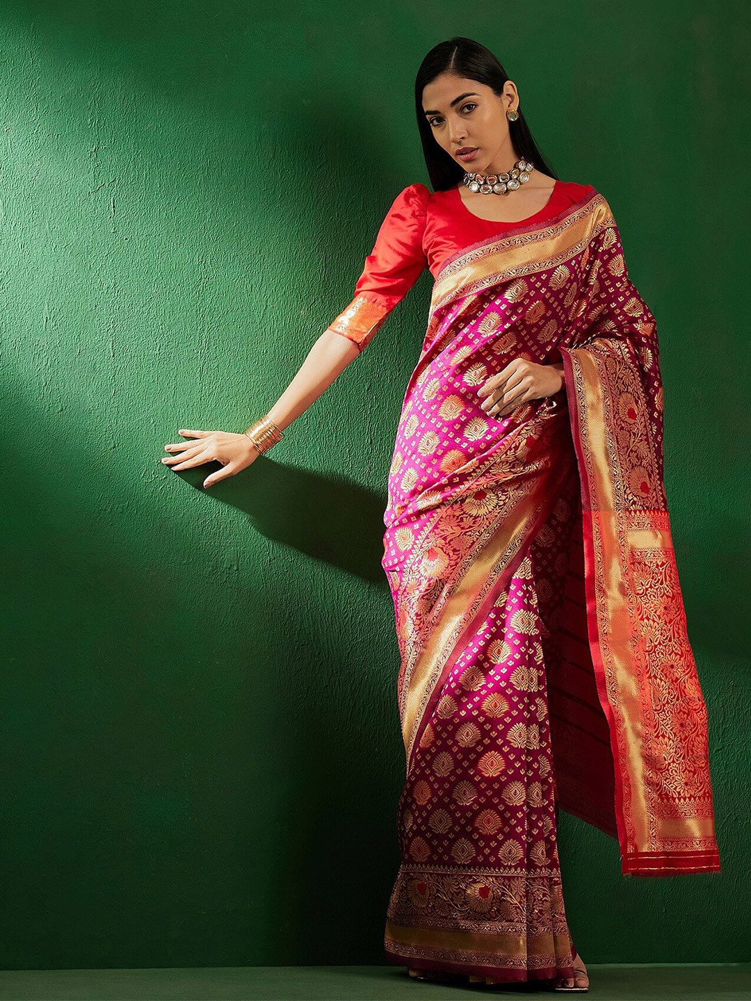 Sangria Ethnic Motifs Woven Design Zari Banarasi Silk Sarees