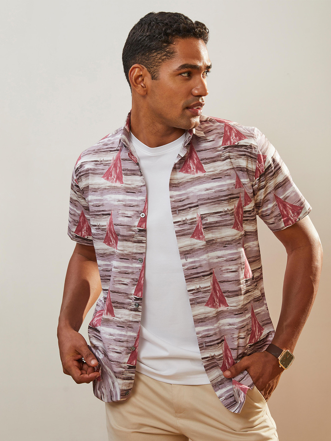 CMGE Relaxed Conversational Printed Spread Collar Short Sleeves Cotton Casual Shirt
