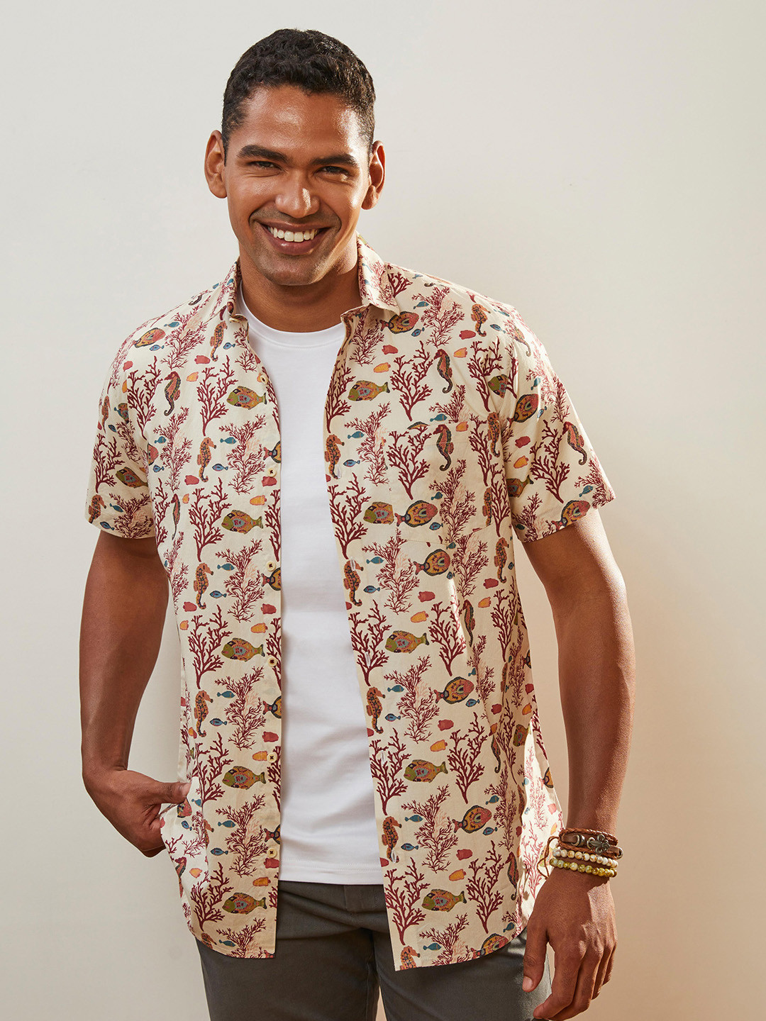 CMGE Relaxed Conversational Printed Spread Collar Short Sleeves Cotton Casual Shirt