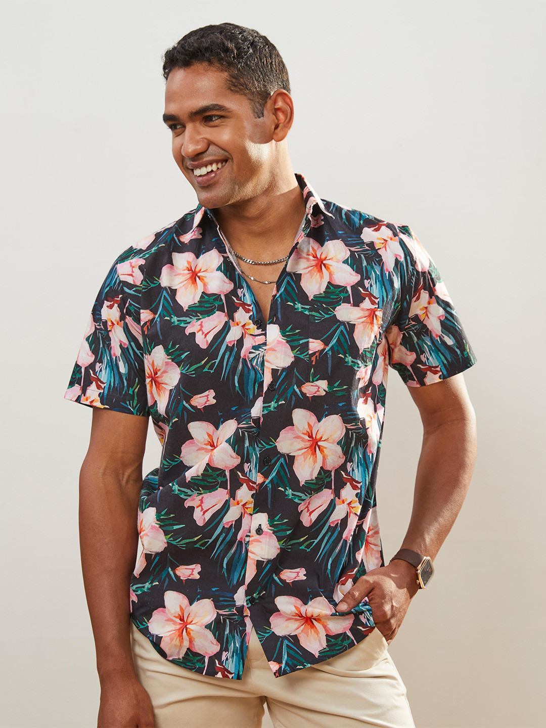 CMGE Relaxed Floral Printed Spread Collar Short Sleeves Cotton Casual Shirt