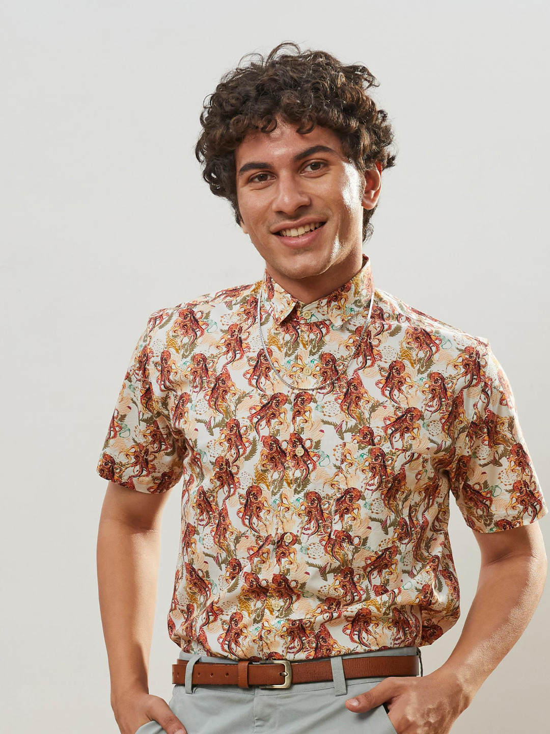 CMGE Relaxed Conversational Printed Spread Collar Short Sleeves Cotton Casual Shirt