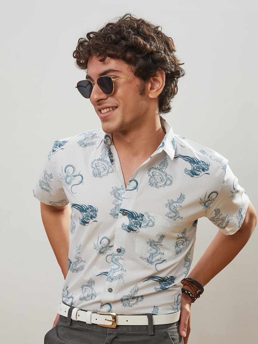 CMGE Relaxed Conversational Printed Spread Collar Short Sleeves Cotton Casual Shirt
