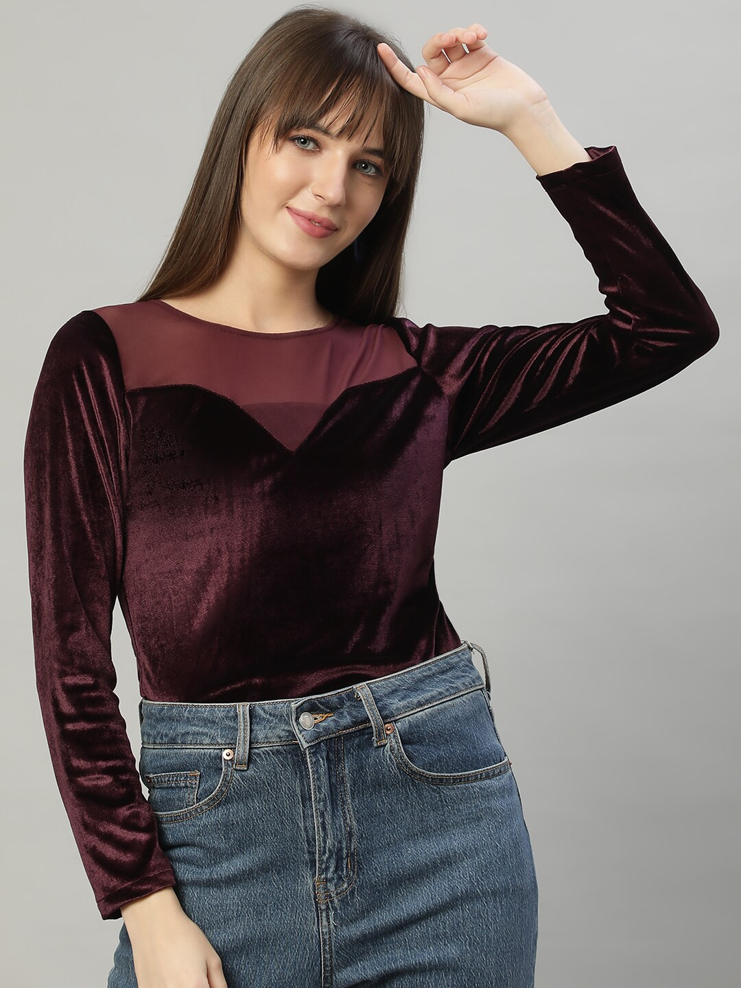 DELAN Sheen Velvet Styled Back Top
