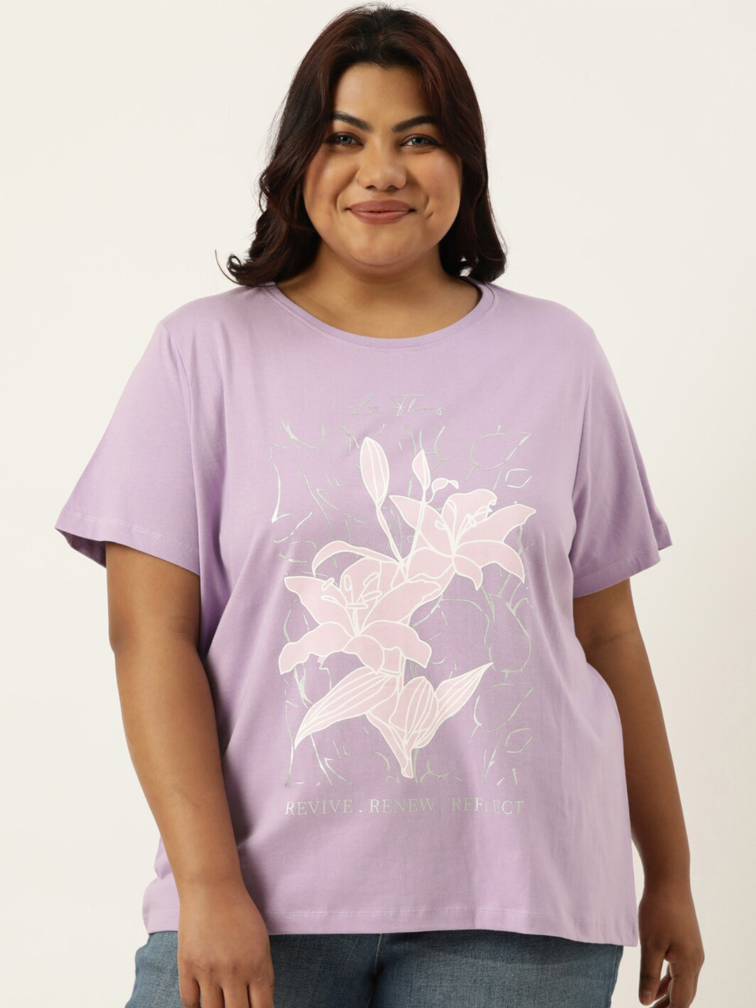 MARCA Bold Plus Size Floral Printed Round Neck Bio Finish Cotton Regular T-shirt