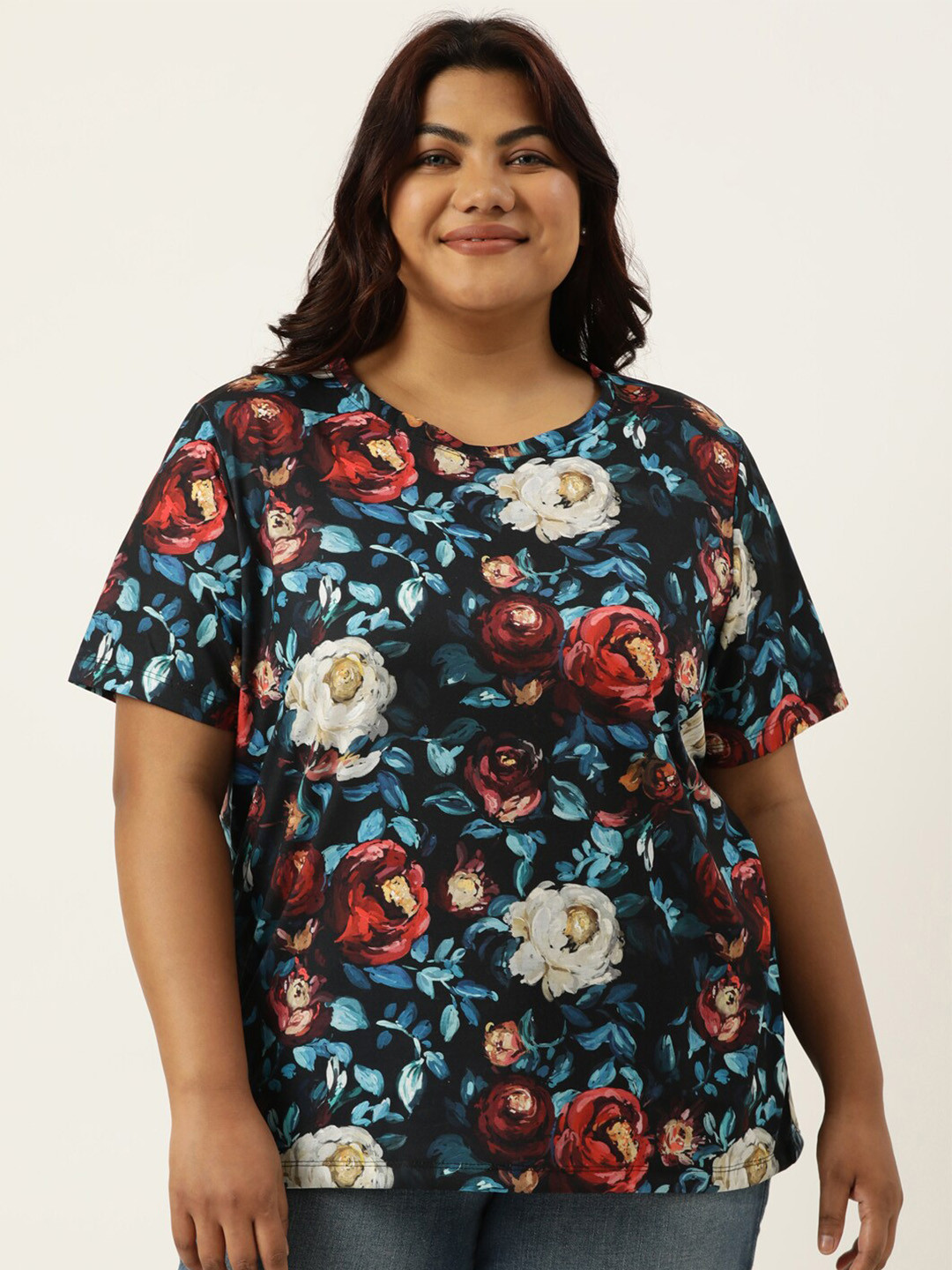 MARCA Bold Plus Size Floral Printed Round Neck Bio Finish Regular T-shirt