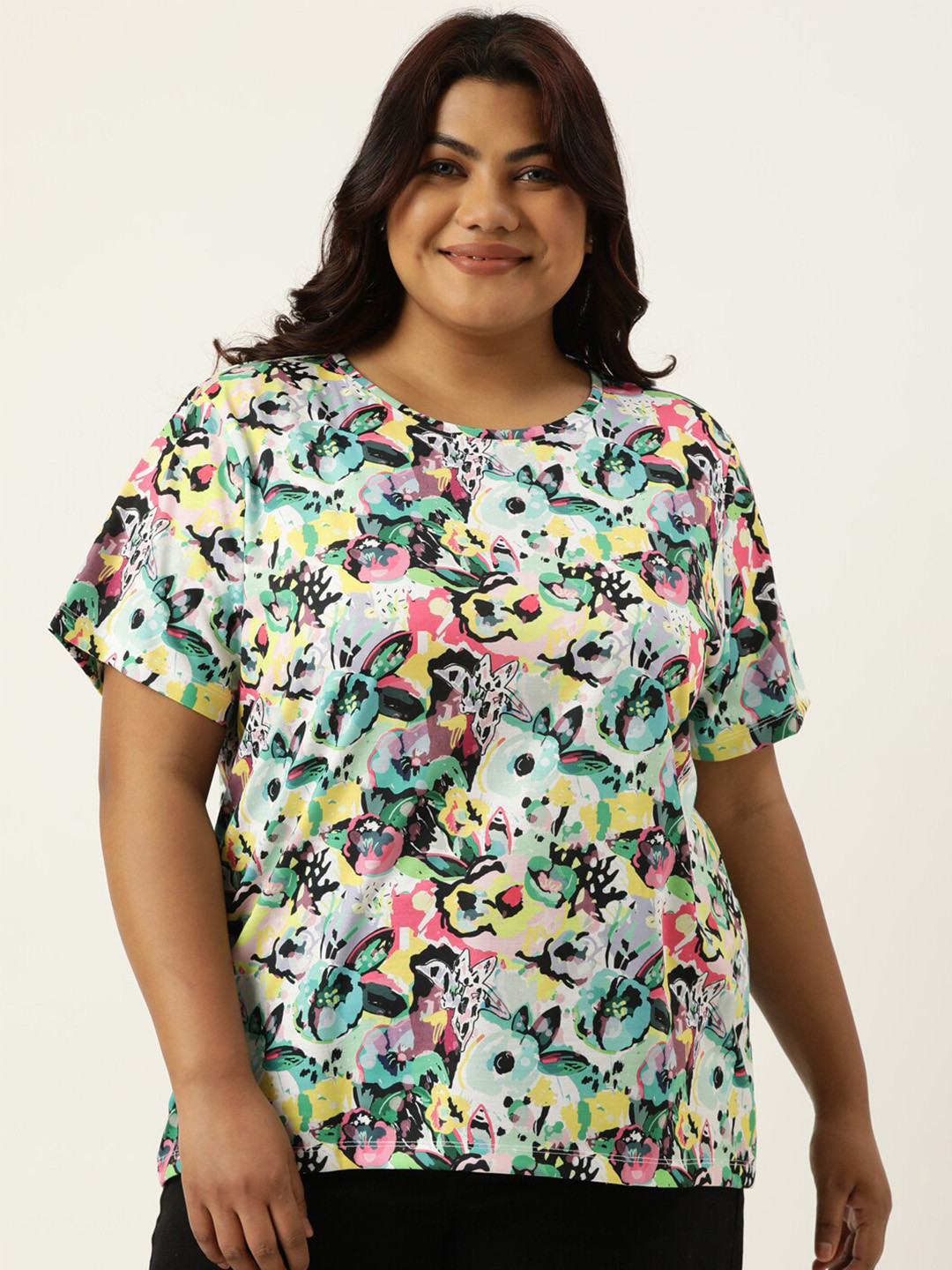 MARCA Bold Plus Size Floral Printed Round Neck Bio Finish Regular T-shirt