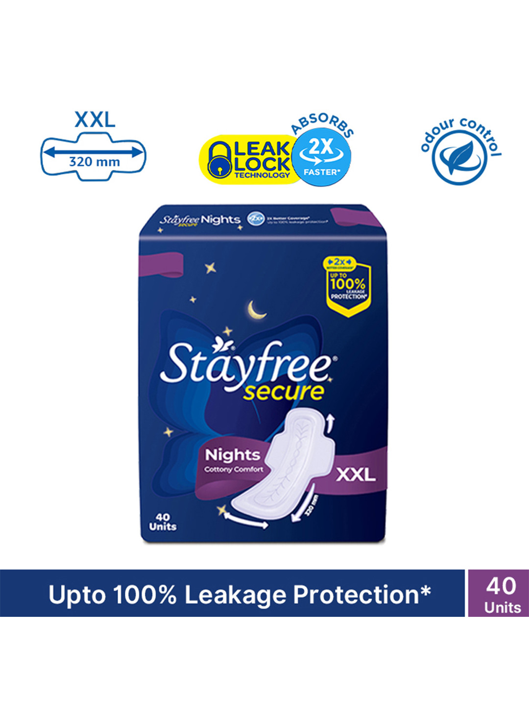 Stayfree Secure Nights Sanitary Napkins with Back Leak Guards - 40 Pads