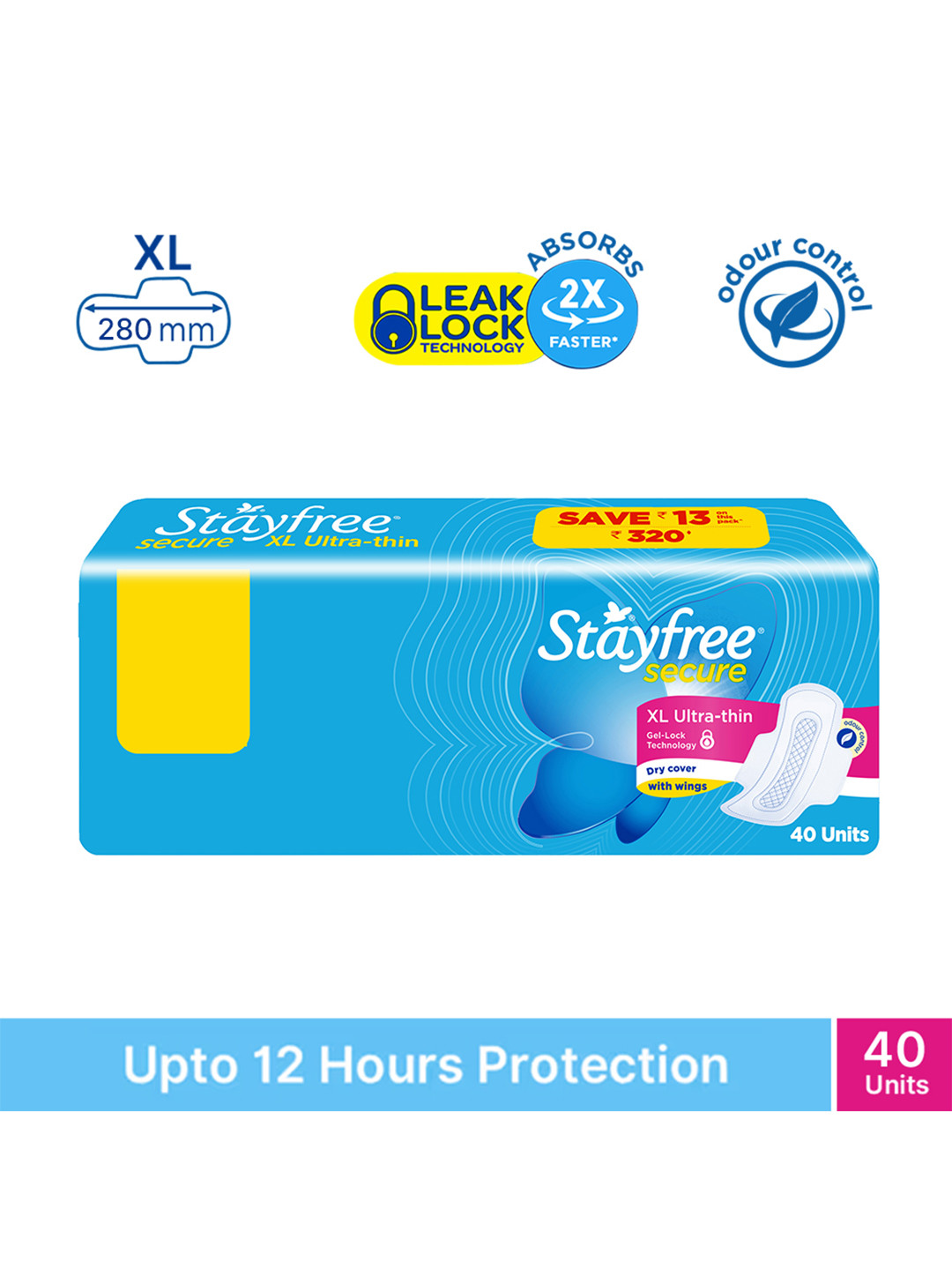 Stayfree Secure Ultra Thin Dry Cover XL Pads with Wings - 40 Pads