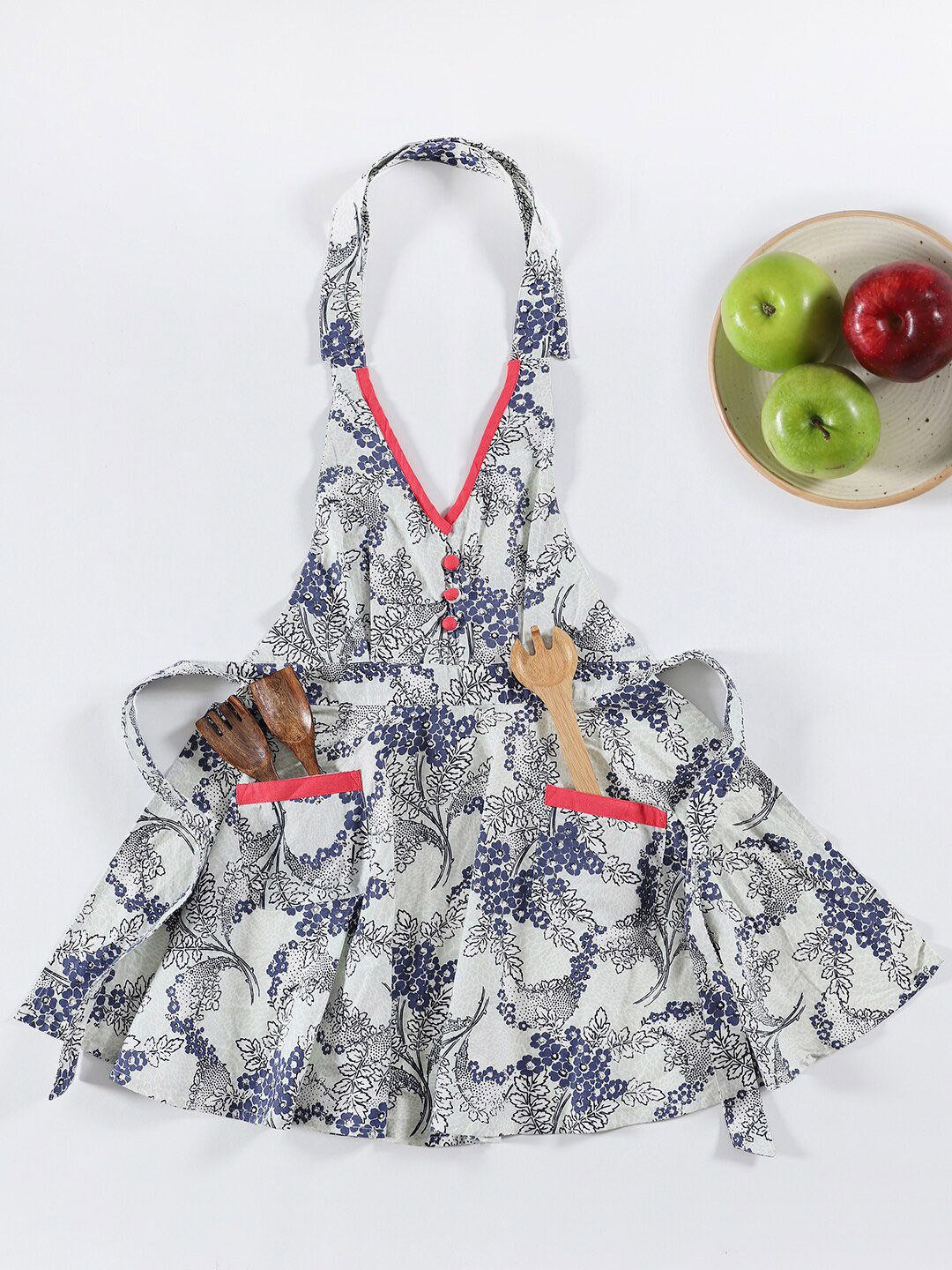 Ratan Cart White & Navy Blue Floral Printed Cotton Bib Apron
