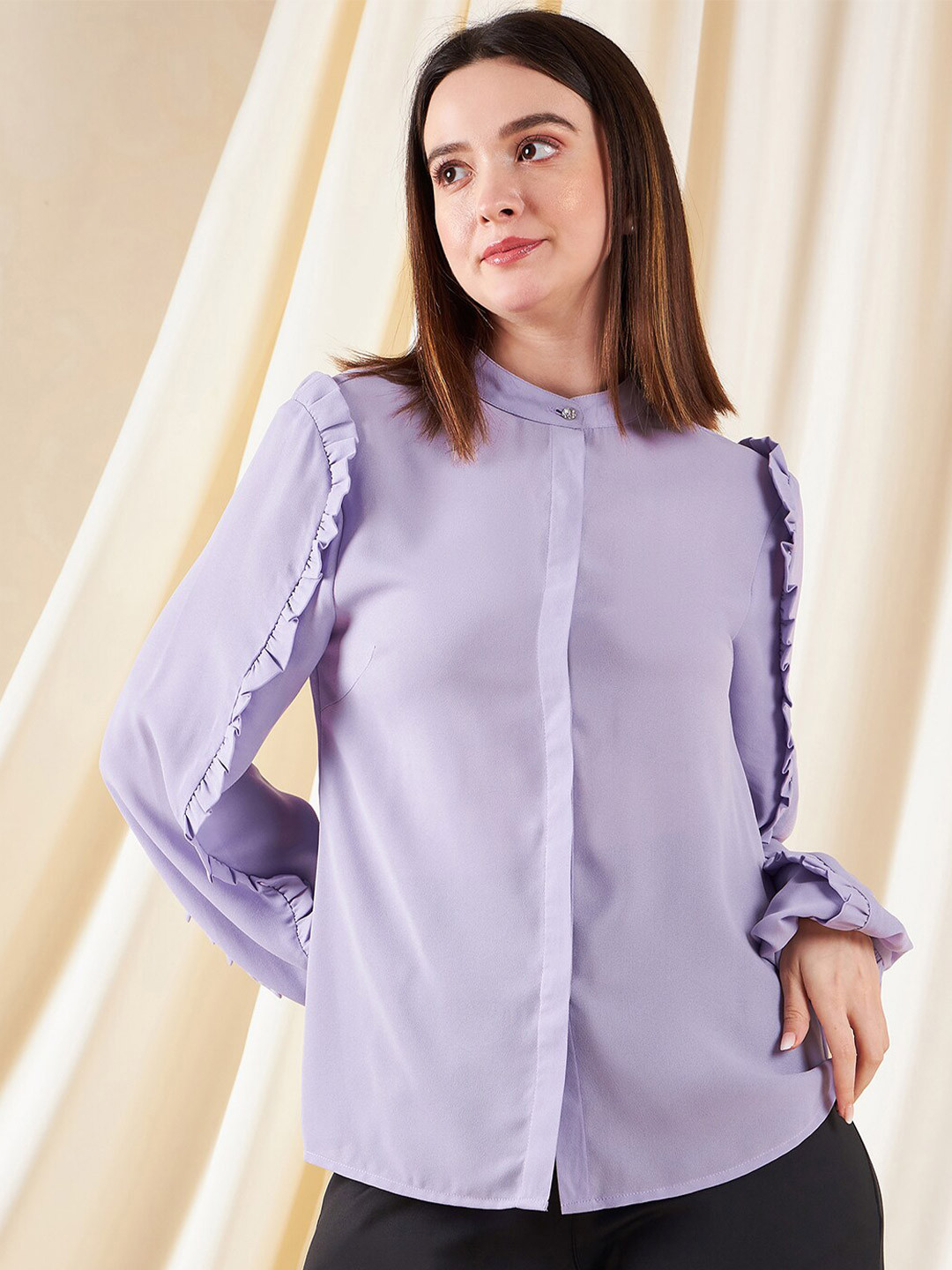 Kibo  Standard Mandarin Collar Regular Fit Casual Frilled Button Down Shirt