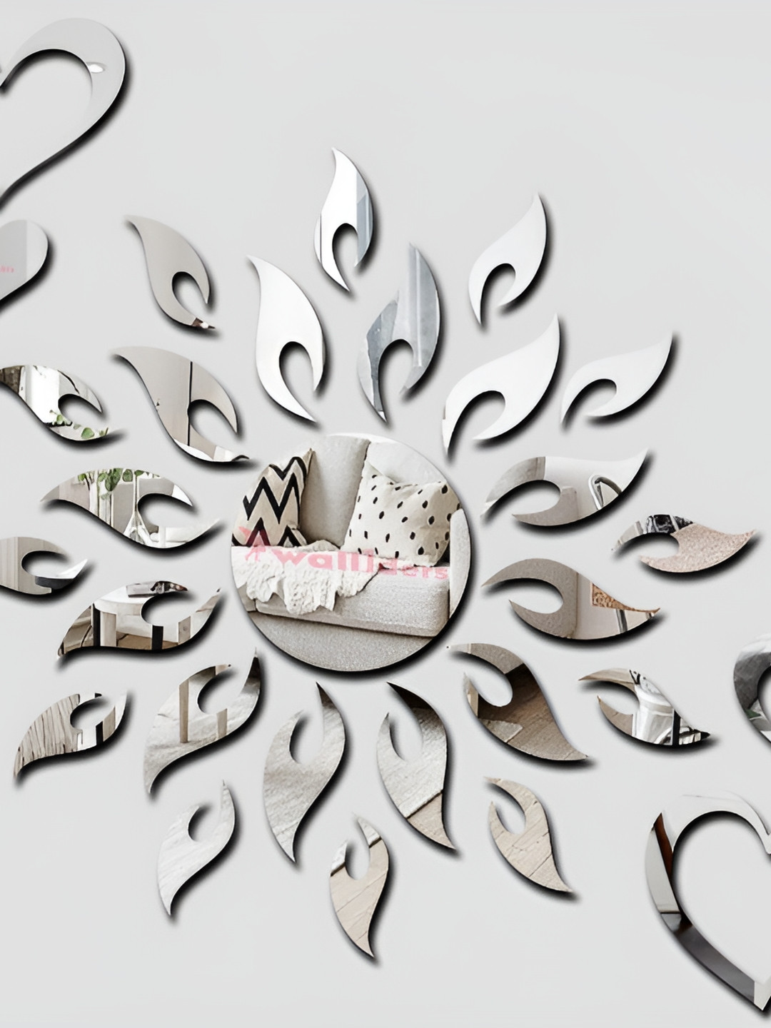 Wall1ders Silver-Toned Sun with 2-pcs Heart-shaped 3D Acrylic Mirror Wall Stickers