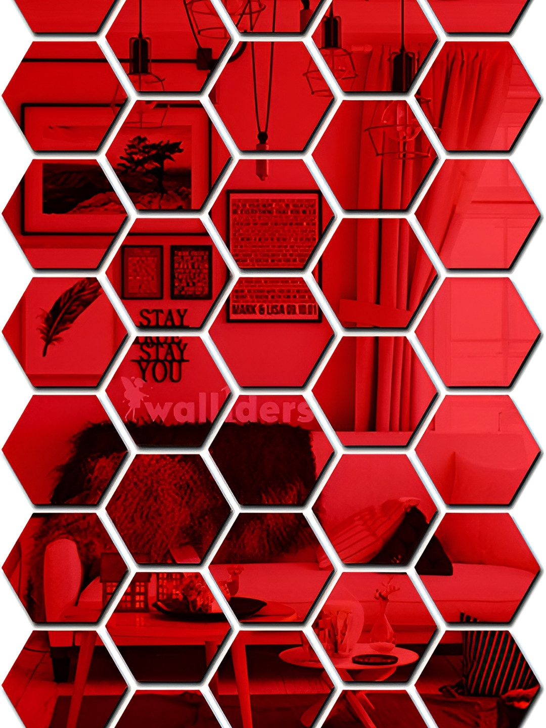 Wall1ders Red 50-pcs Hexagon-shaped 3D Acrylic Mirror Wall Stickers