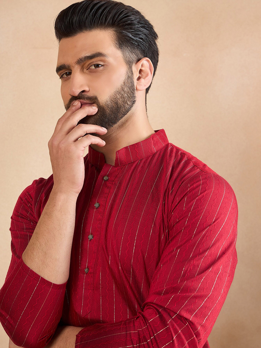 HERE&NOW Men Striped Thread Work Kurta