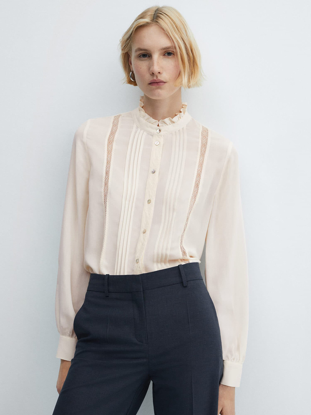 MANGO Women Lace Trim Casual Shirt