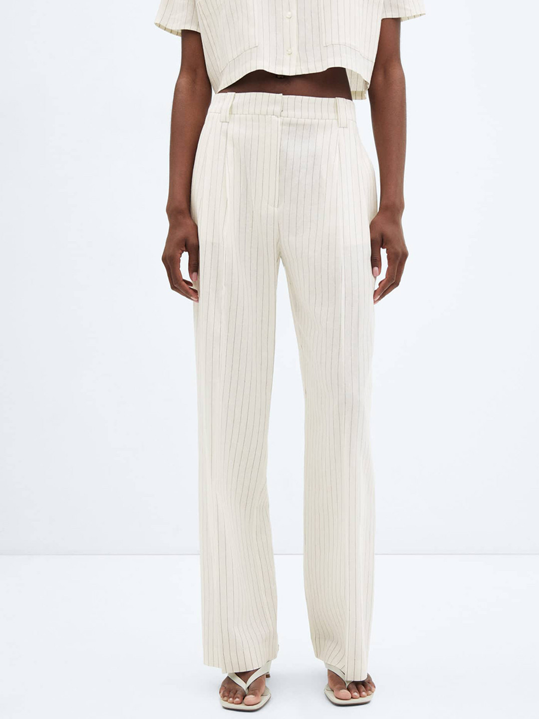 MANGO Women Linen Blend Micro Striped High-Rise Pleated Trousers