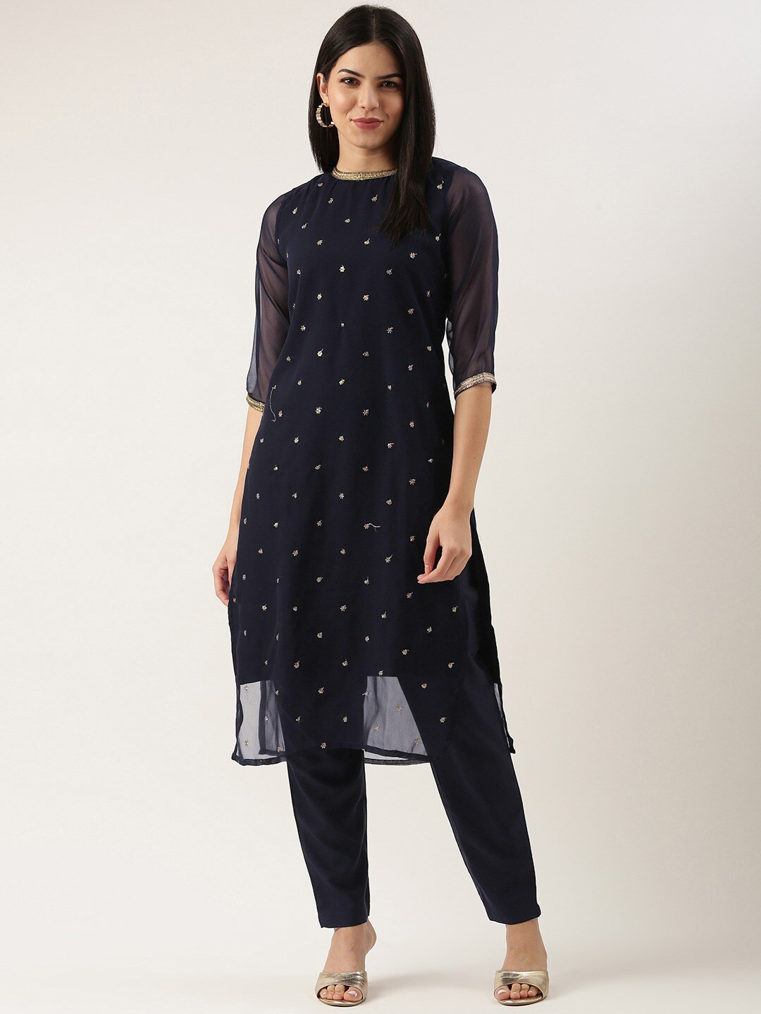 KALINI Ethnic Motifs Embroidered Sequinned Kurta with Trousers