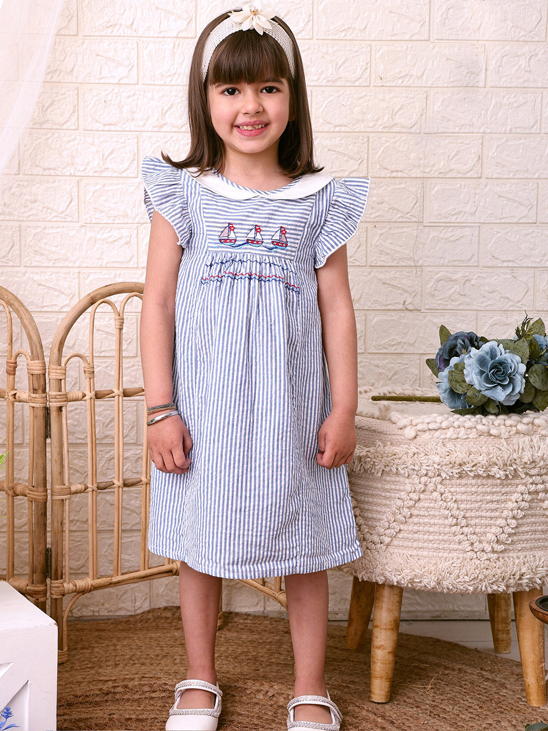 Beebay Girls Nautical Embroidered Seersucker Stripe Dress