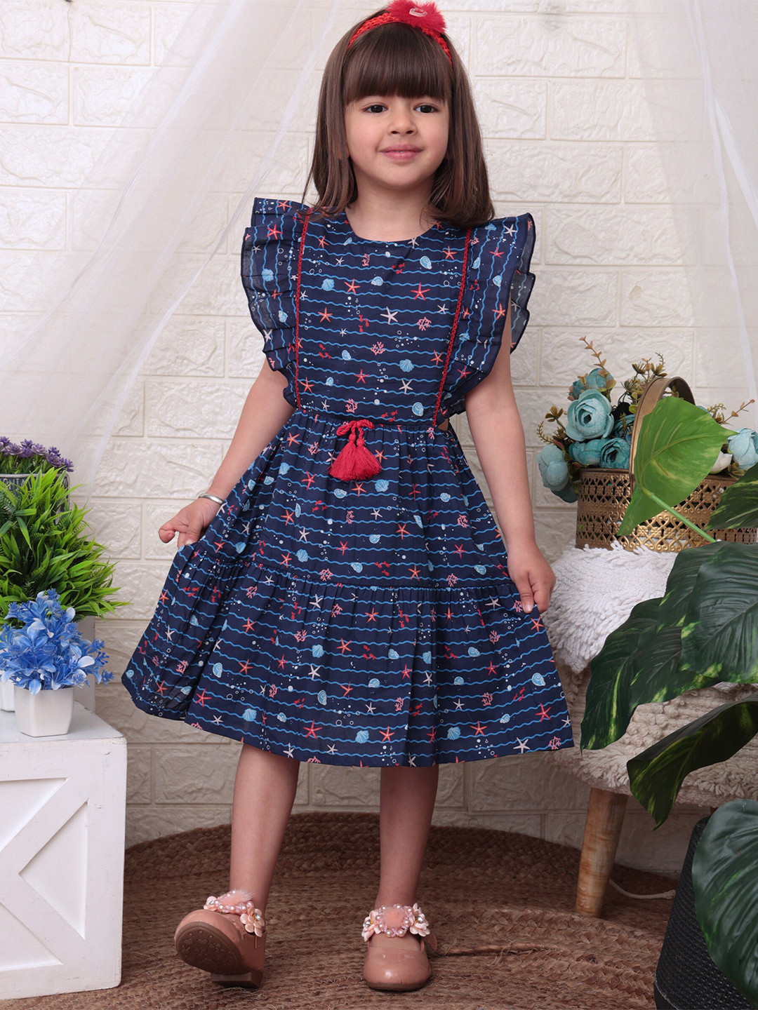 Beebay Girls Nautical Print Cut-Out Dress with Tassle