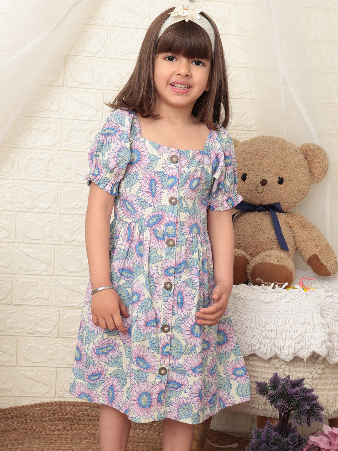 Beebay Girls Sunflower Print Button Down Fit & Flare Dress