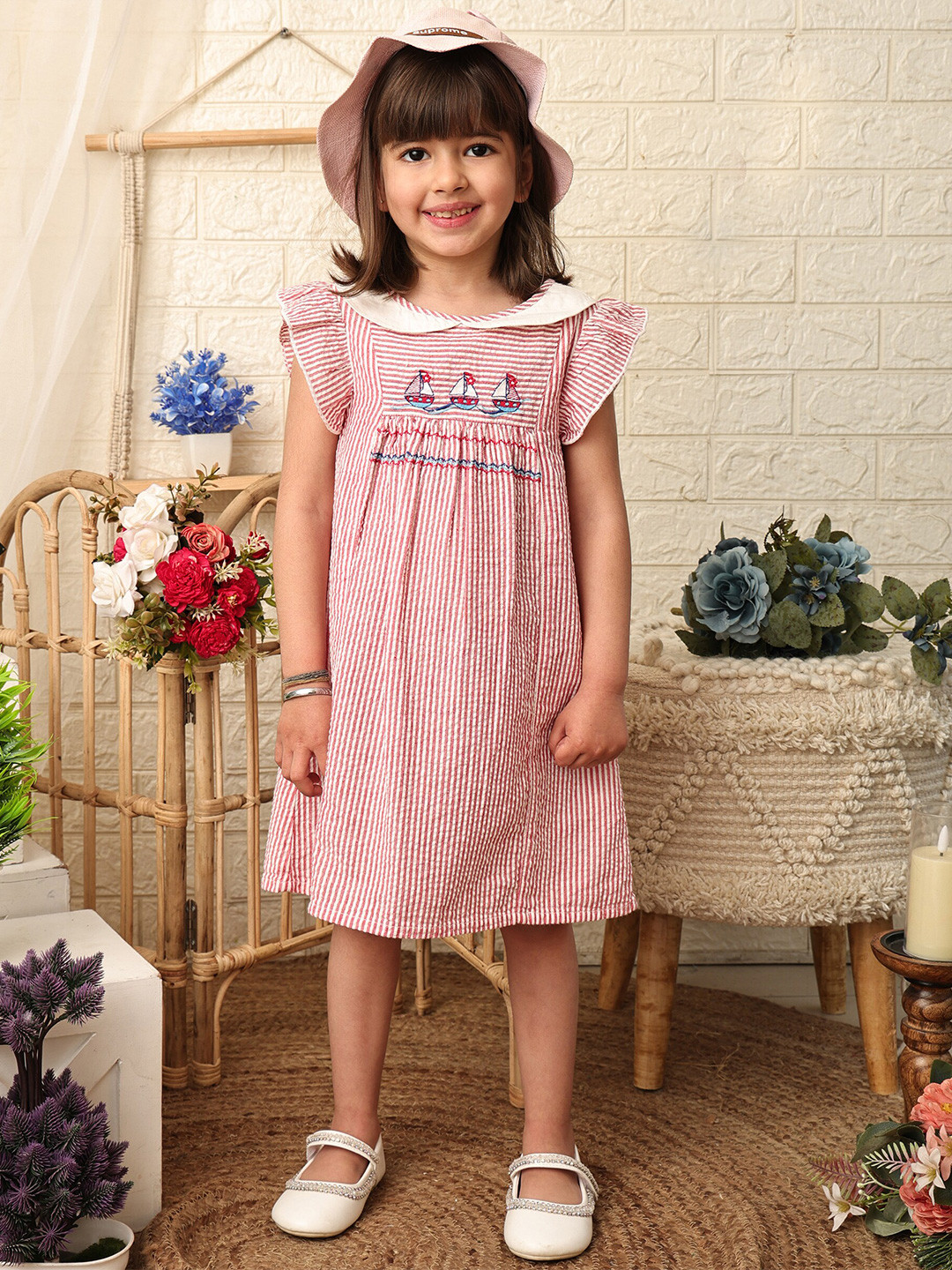 Beebay Girls Nautical Embroidered Seersucker Stripe Dress