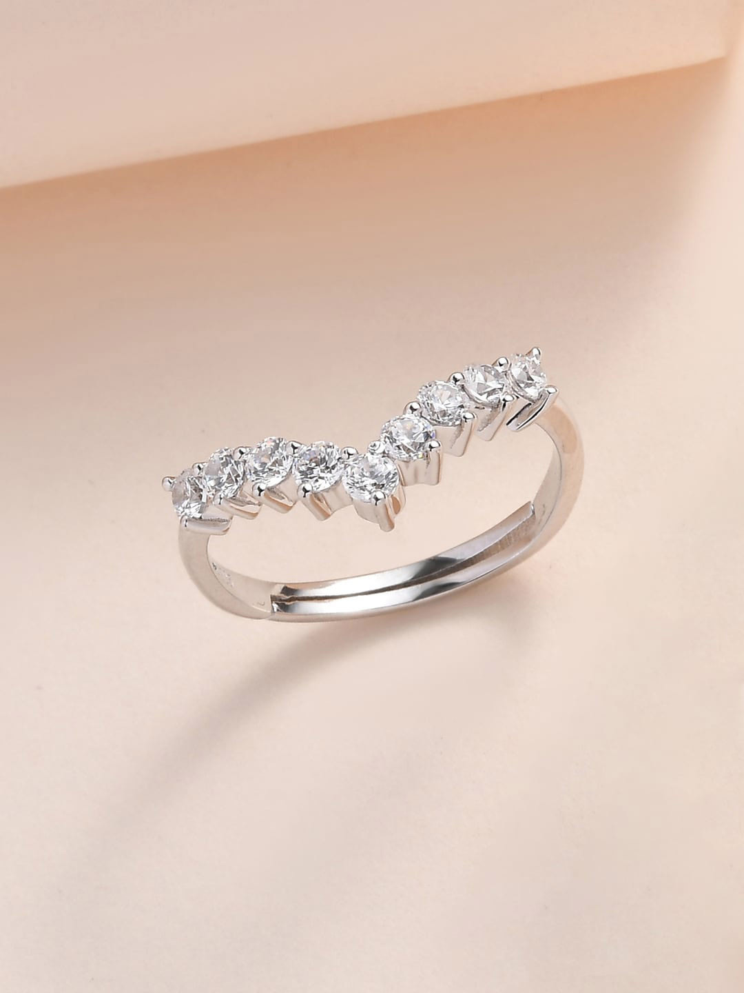 Ornate Jewels 925 Sterling Silver Rhodium-Plated AD-Studded Chevron Adjustable Ring