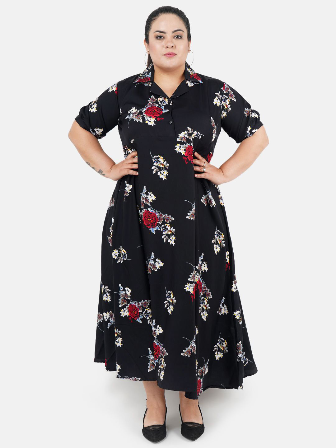 Indietoga Women Plus Size Floral Print Shirt Collar Pleated Fit and Flare Maxi Dress