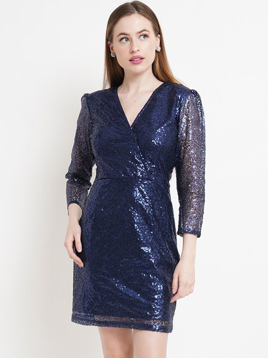 Purple State Sequin Embellished Puff Sleeves Wrap Dress