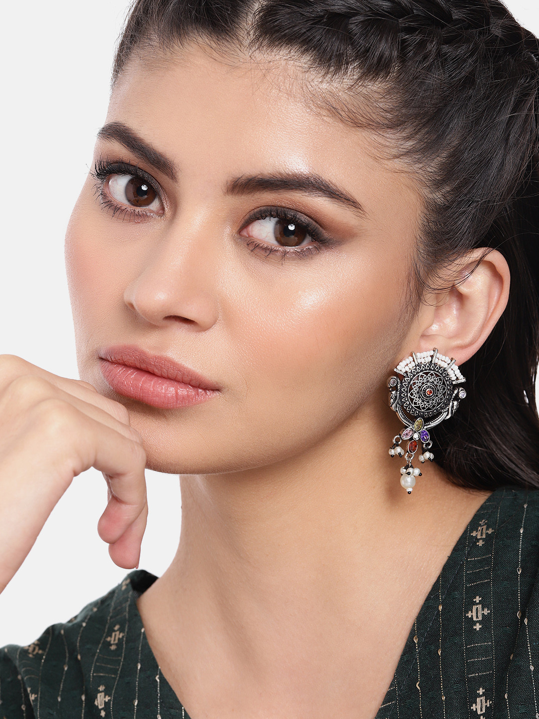 AITIHYA Silver-Plated Oxidised Circular Drop Artificial Stones Earrings