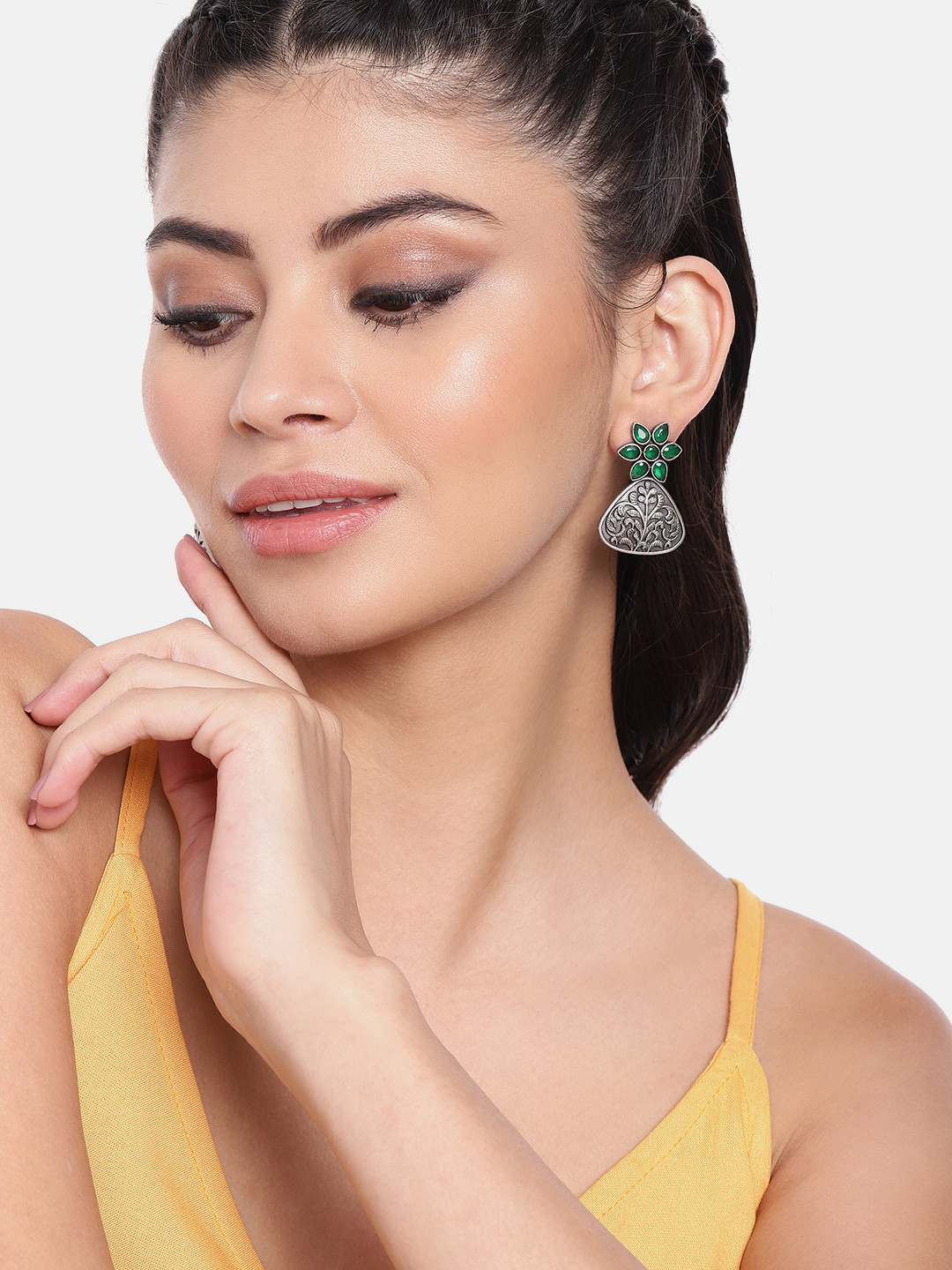 AITIHYA Silver-Plated Oxidised Floral Artificial Stones Studs