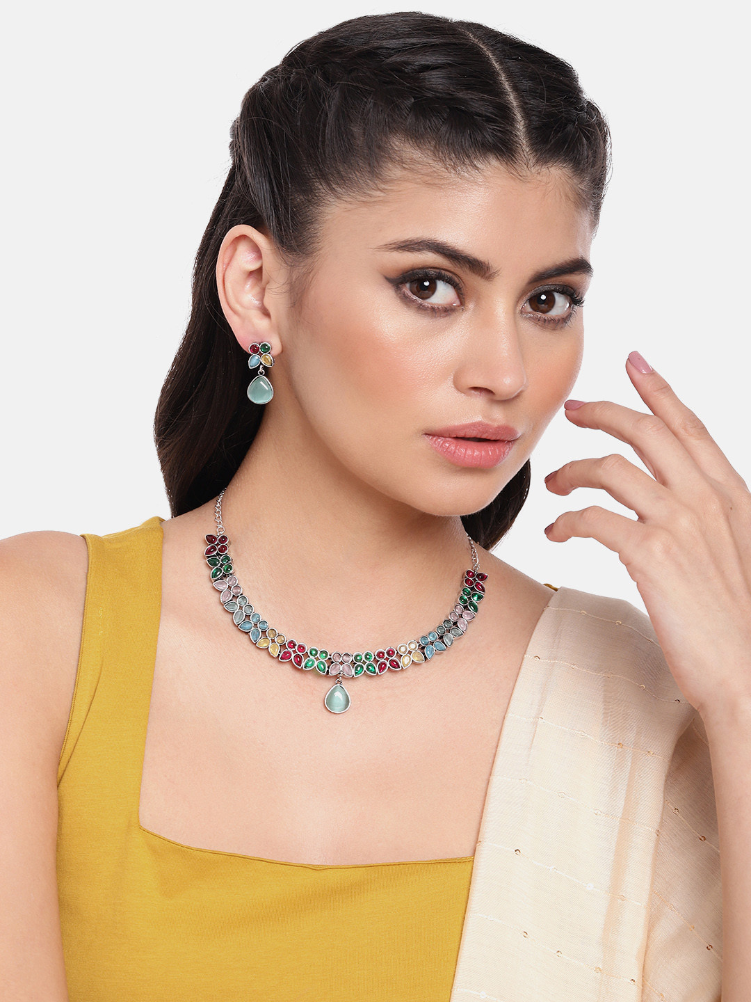 AITIHYA Silver-Plated Oxidised Artificial Stone Jewellery Set