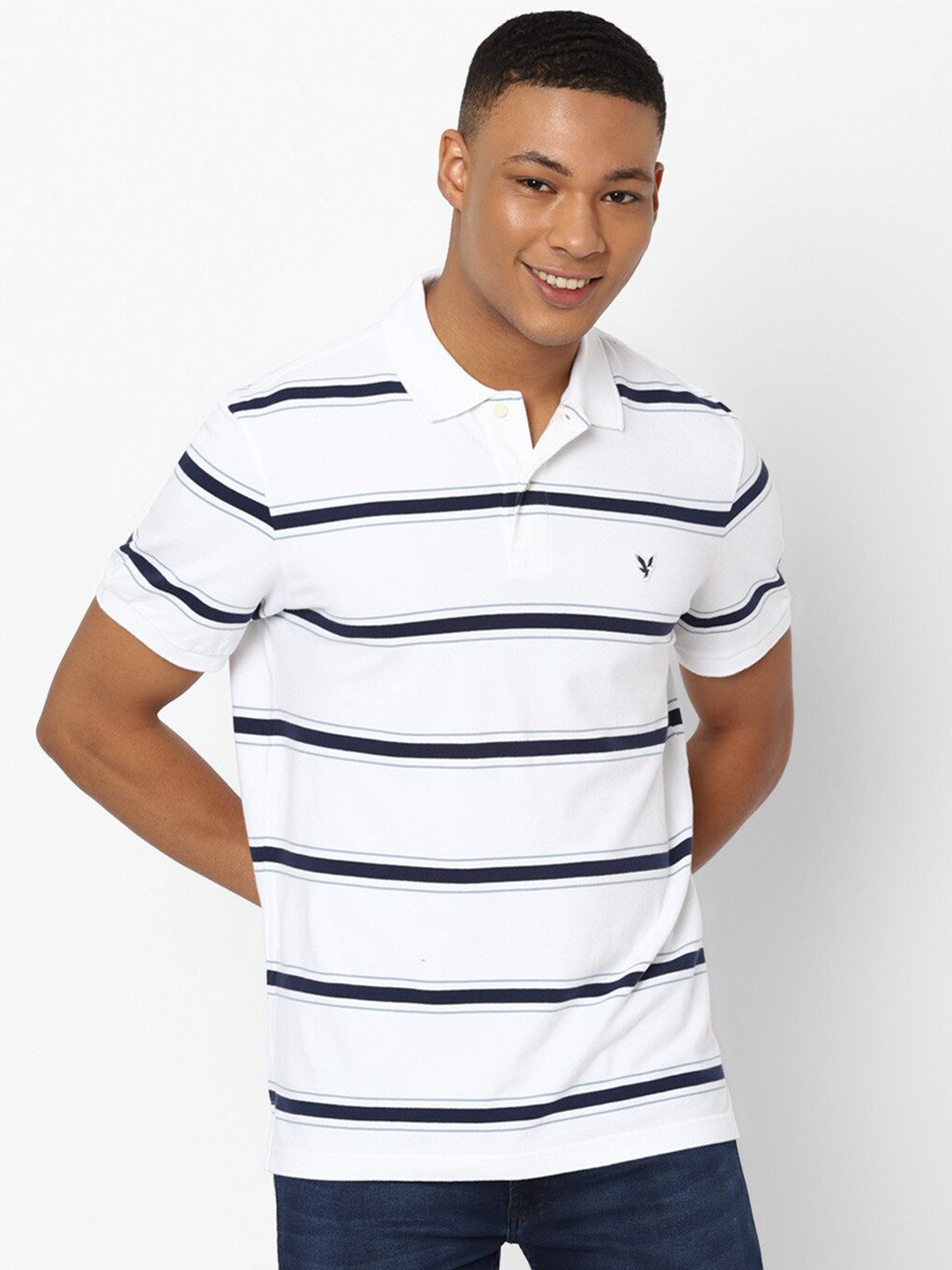 AMERICAN EAGLE OUTFITTERS Men Striped Polo Collar Monochrome Pockets T-shirt