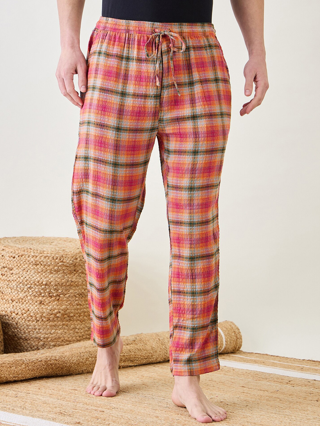 The Kaftan Company Men Checked Cotton Slim Fit Lounge Pants