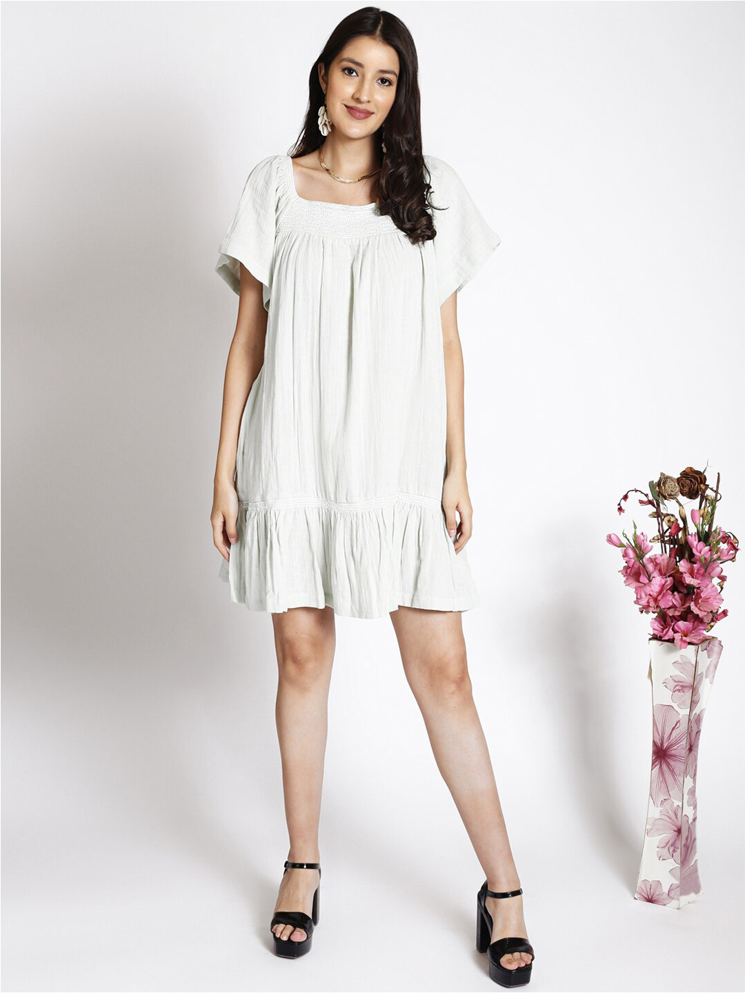 250 DESIGNS Square Neck Flared Sleeves Smocked Cotton A-Line Dress