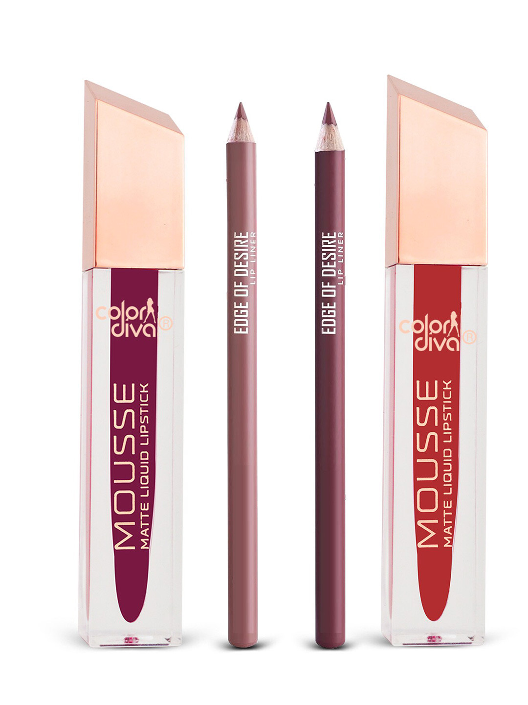 Adbeni Color Diva & Edge Of Desire 4Pcs Liquid Lipstick & Lip Liner Combo - Cherry Gloss