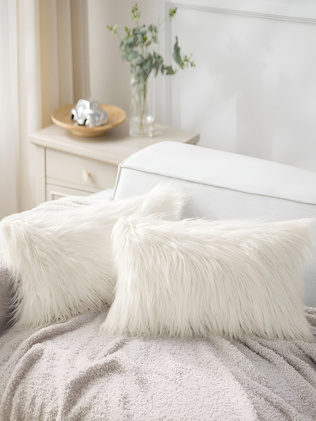 TANLOOMS Cream-Coloured 2 Pieces Quirky Fur Rectangle Cushion Covers