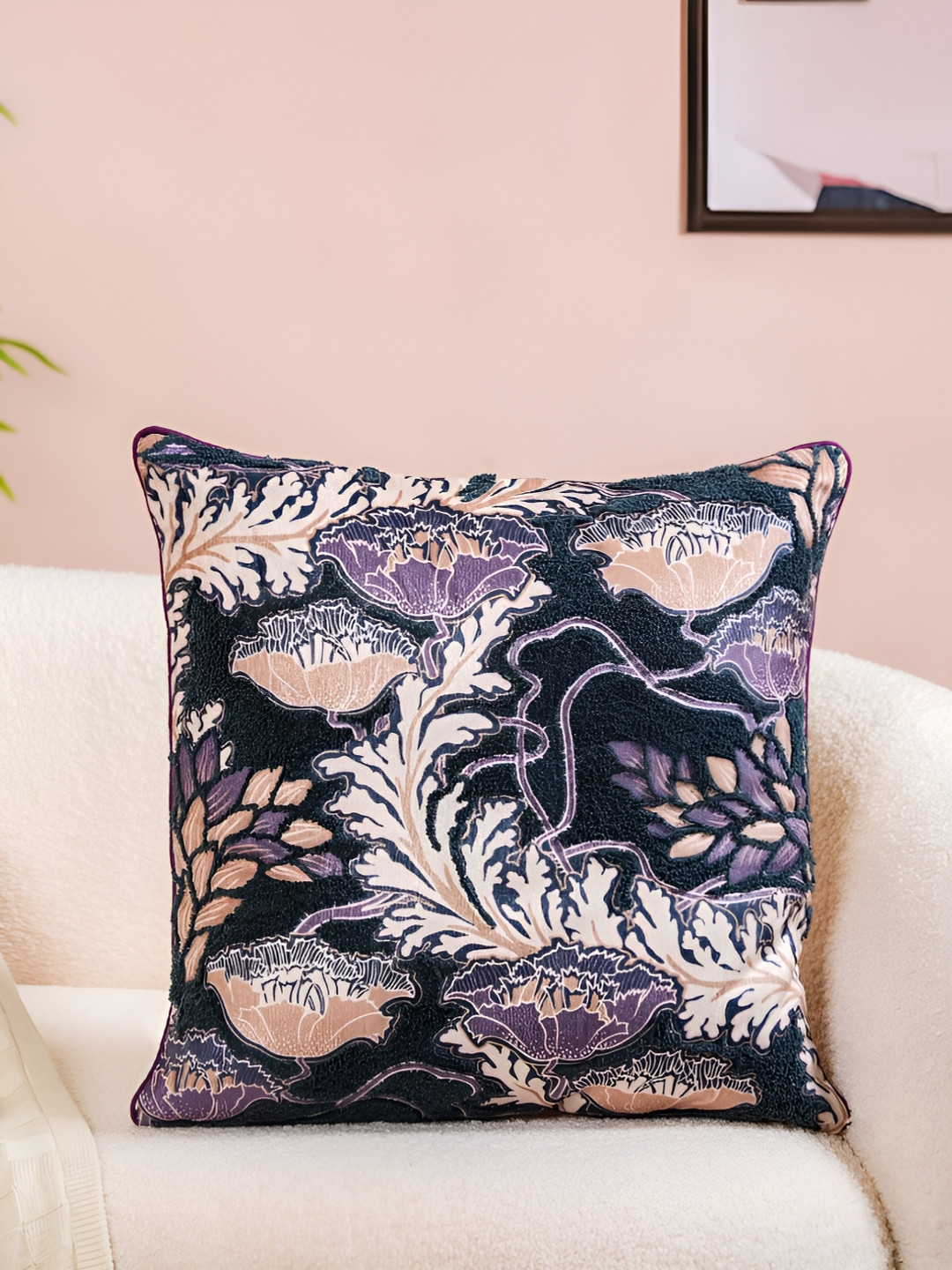 Nestasia Navy Blue & White Floral Cotton Square Cushion Cover