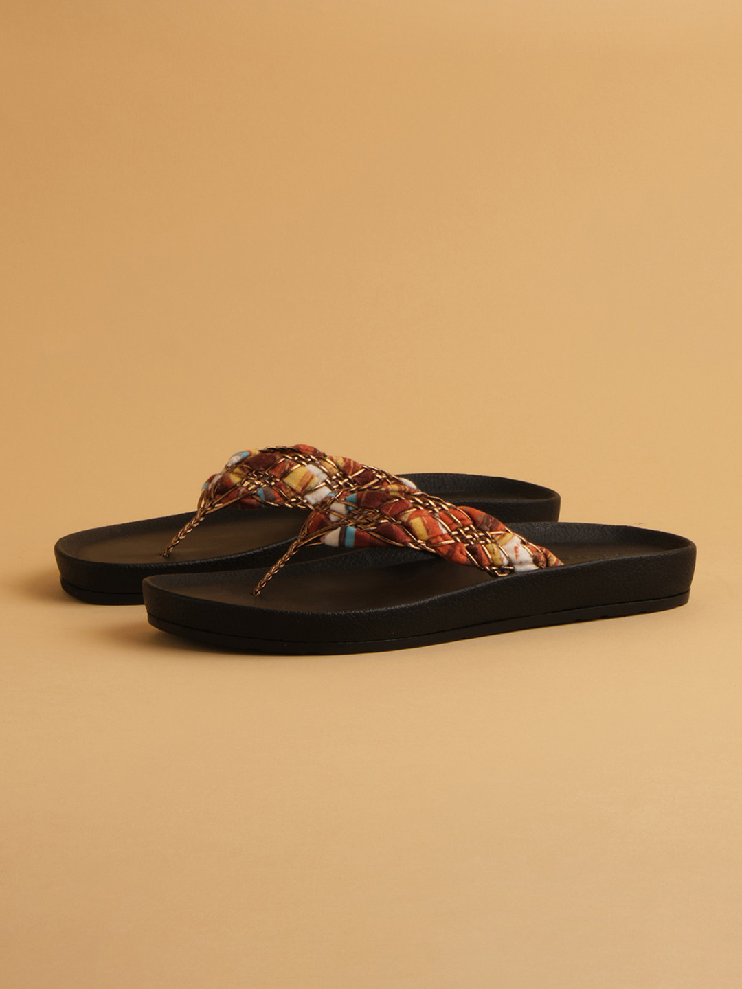 ERIDANI Printed Open Toe T-Strap Flats