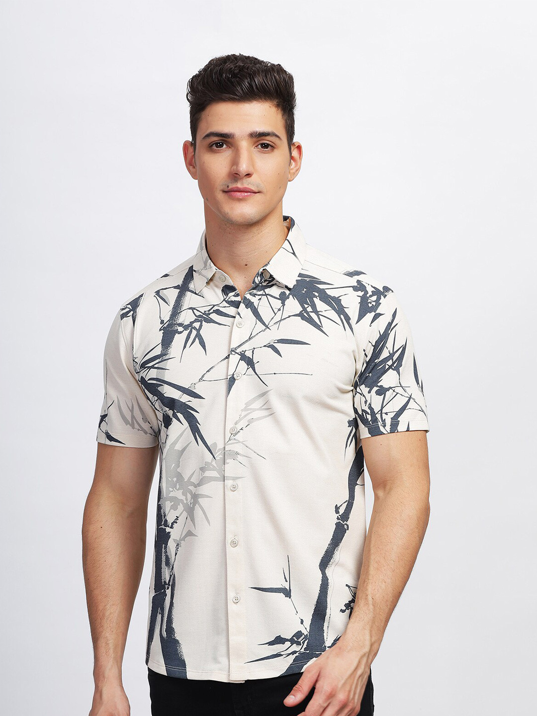 BULLMER Straight Fit Floral Printed Spread Collar Short Sleeves Cotton Casual Shirt
