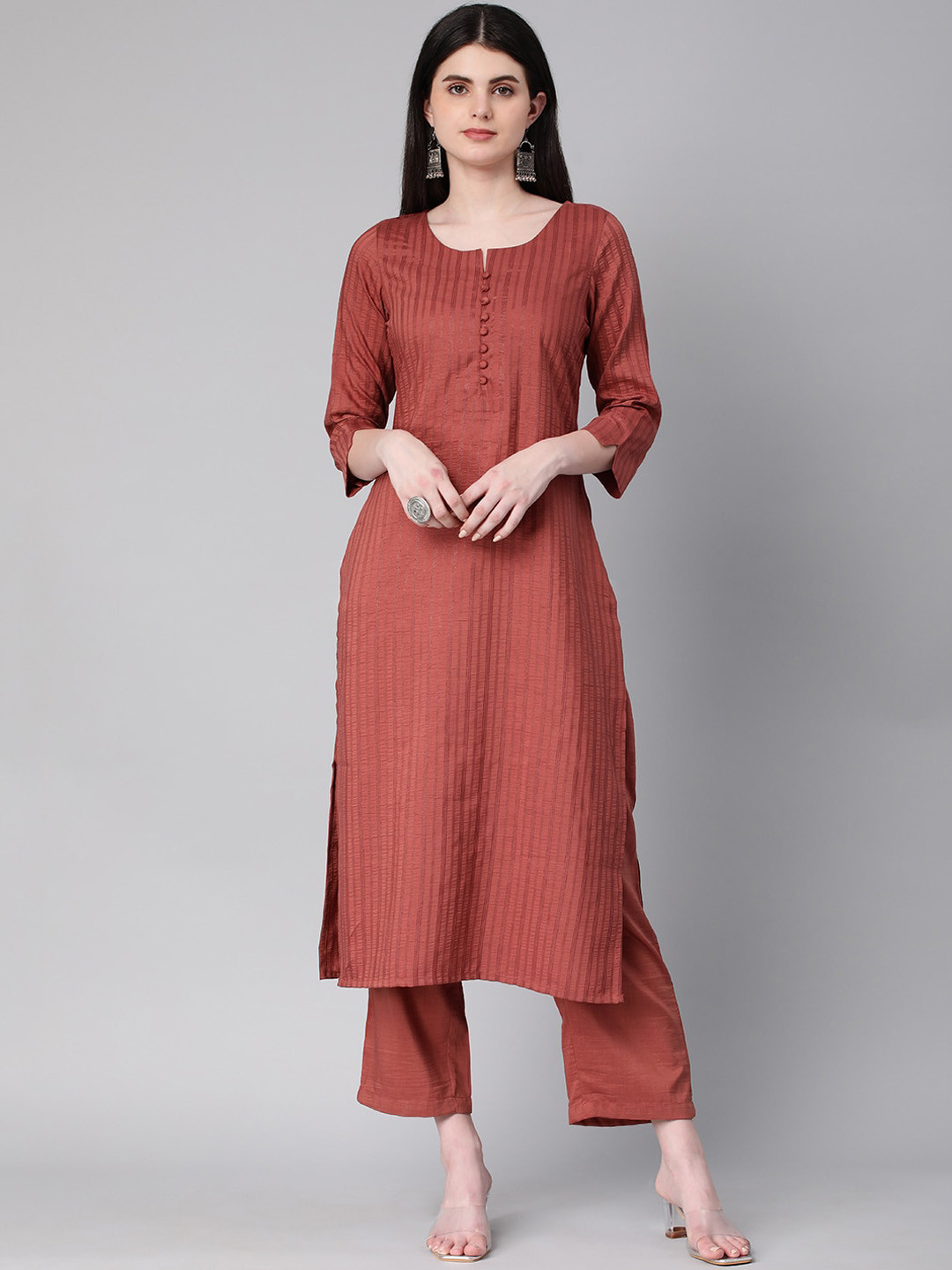 Shaily Rust Striped Regular Straight Kurta with Trousers